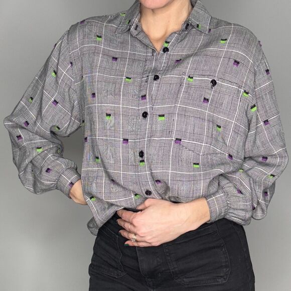 Vintage 80s 90s Button Up Linen Blend Shirt | Embroidered, Textured - Picture 4 of 15